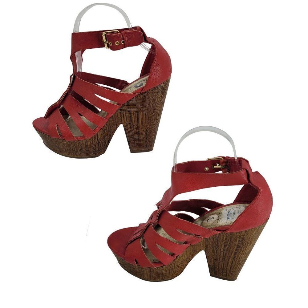 Y2K Guess Strappy Wedge Platform Sandals 8 Red Faux Vegan Leather Chunky Heels - Picture 11 of 15